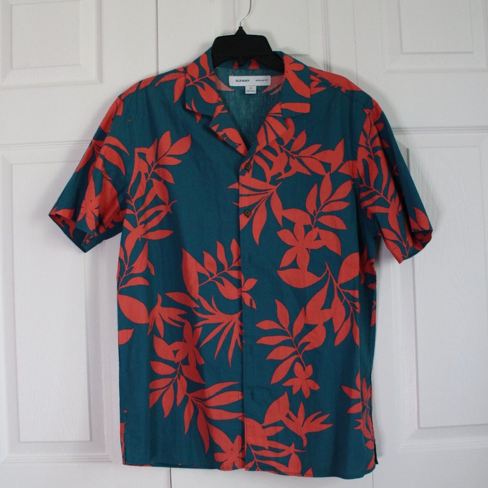 Old Navy Blue/Red Short Sleeve Button Down Shirt Leaf Pattern Medium